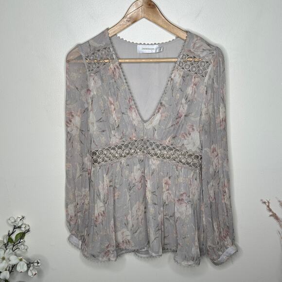 ZIMMERMANN Iris Floral Silk Blouse Pastel Blush Taupe Neutral Sz 1 / S {HH15} - Picture 4 of 11